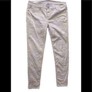 FIRE Los Angeles light purple/gold metallic skinny animal print pants, size 13.